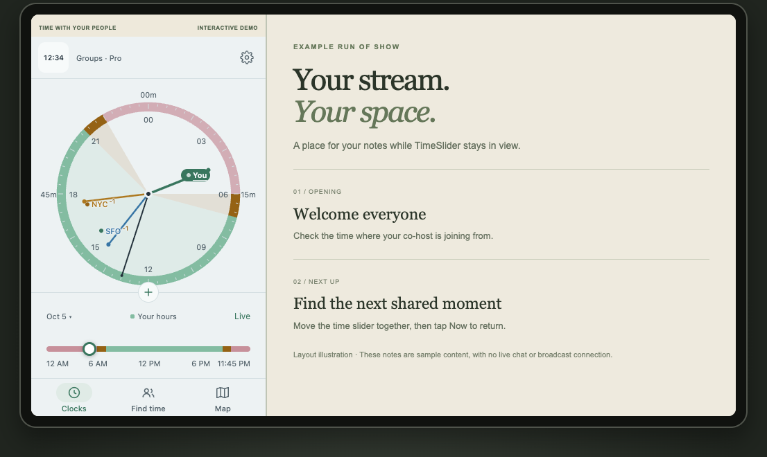 The interactive TimeSlider browser demo inside an illustrated tablet beside sample stream notes.