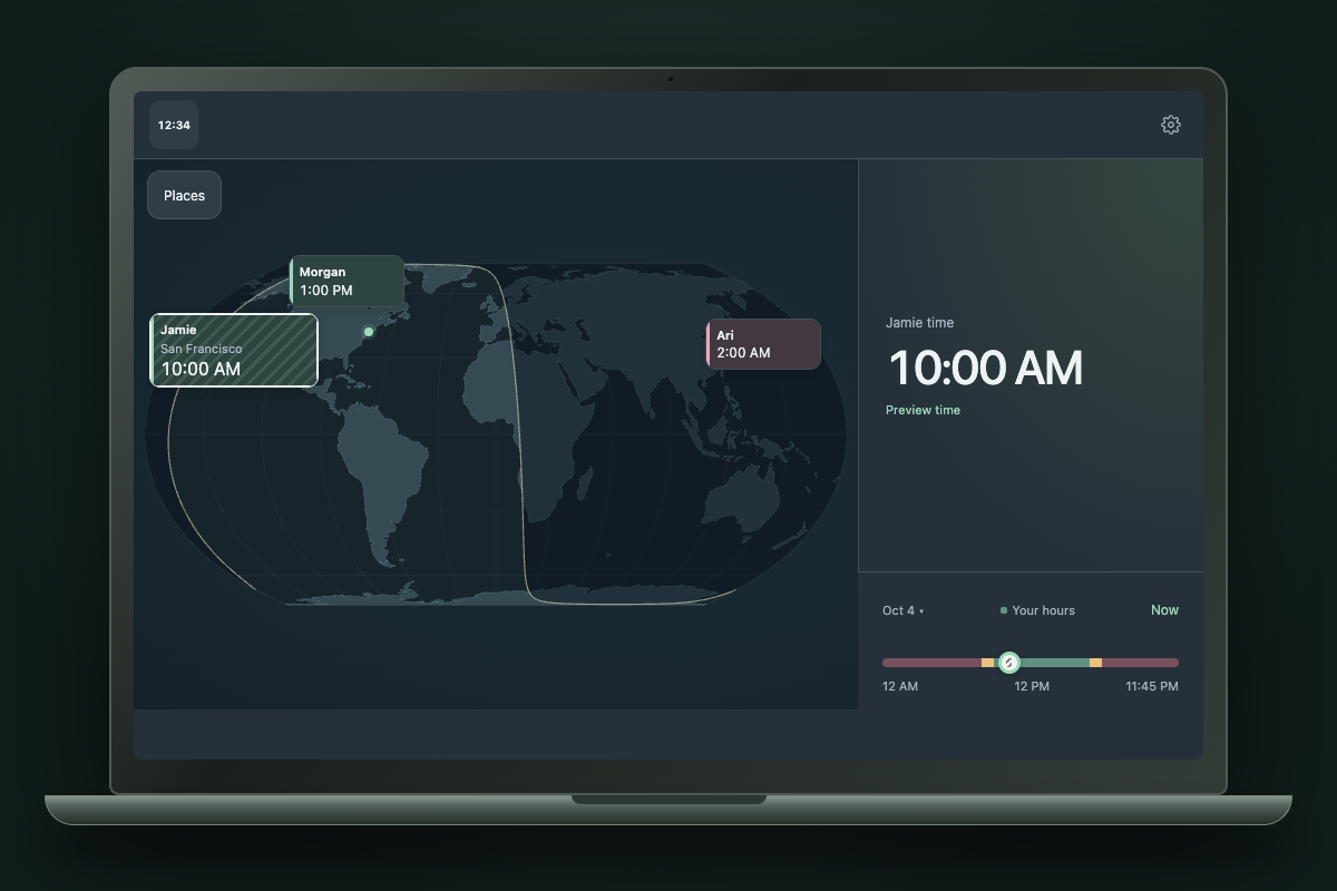 The TimeSlider app interface showing a sample team’s world map and shared timeline in a desktop device mockup.