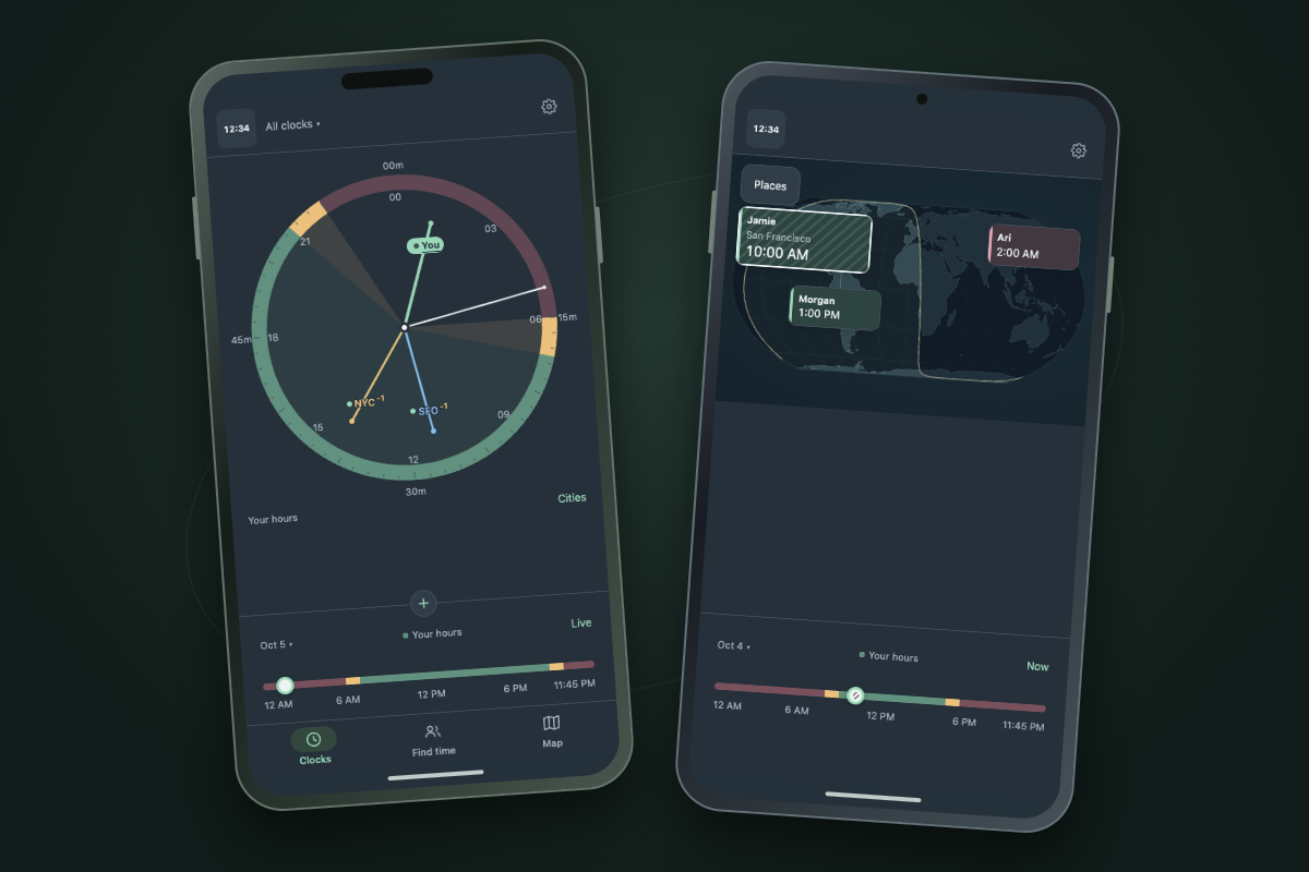 TimeSlider’s shared phone interface showing world clocks and a sample world map in two phone mockups.